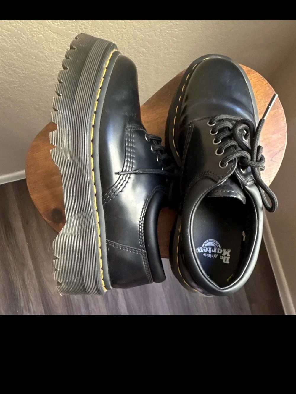 Dr. Martens Black Smooth Leather Lace-Up Oxfords with Yellow Stitching